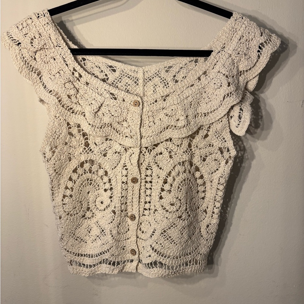 **Bundle 2 for $10 Deal***Crochet Off-Shoulder Button-Front Blouse in Cream